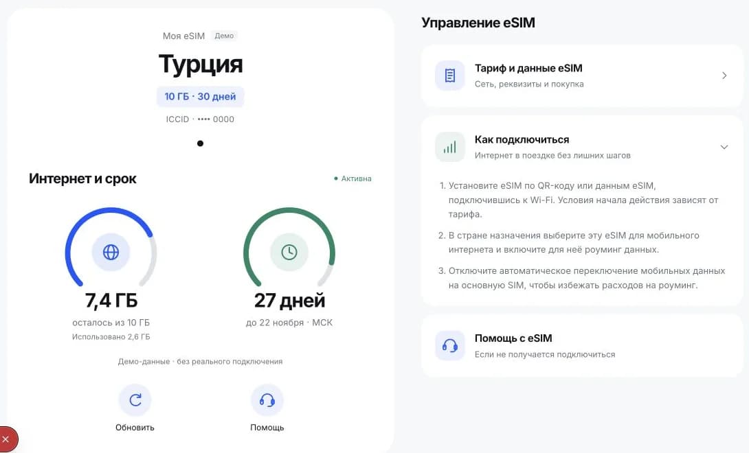 Тестовый раздел eSIM RussiaPay с подсказками по подключению
