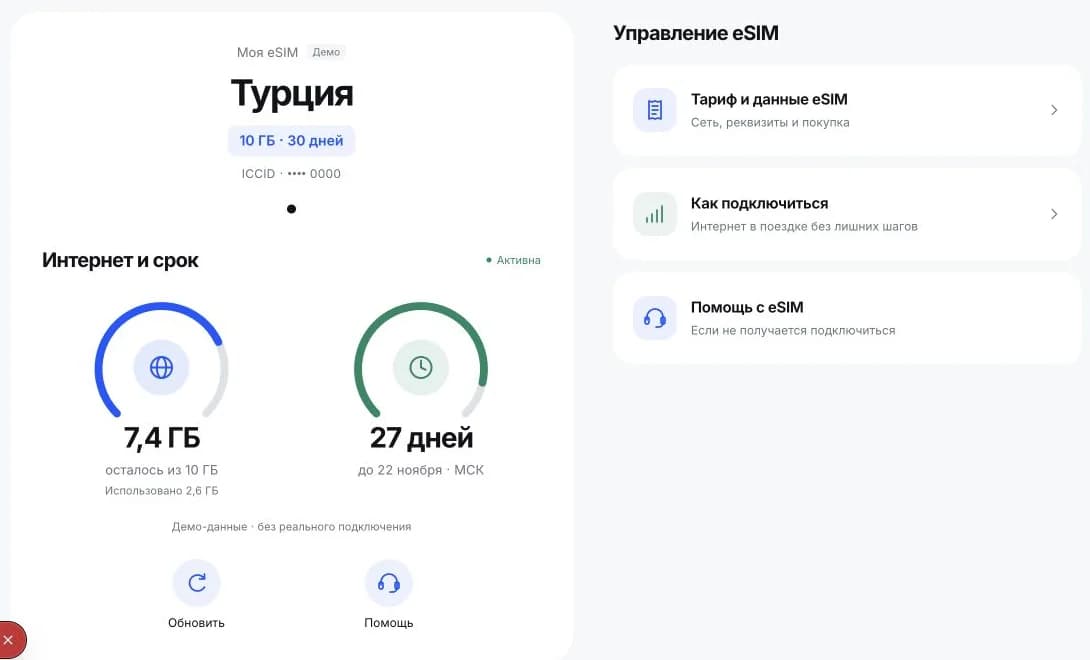 Тестовый раздел eSIM RussiaPay с остатком трафика