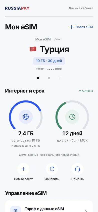Мобильный ЛК: переключение eSIM, остаток трафика и срок пакета на примере Турции. Демонстрационный профиль.